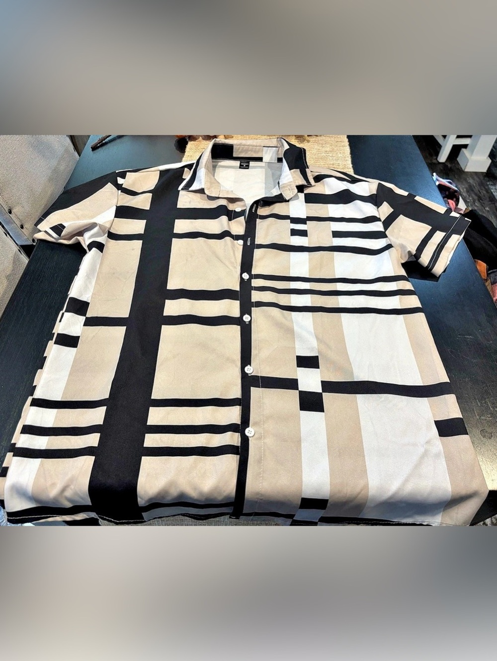 MANFINITY Geometric Button Down Shirt in Black & Beige